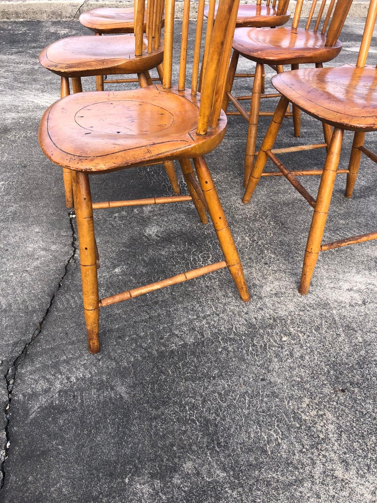 Charming Set of 6 Antique Pine Vermont Side Dining Chairs For Sale at