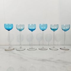 Charming Set of 6 Blue Colored Ribbed Liqueur Glasses With Long Stem, Ca. 1920