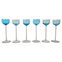 Used Charming Set of 6 Blue Colored Ribbed Liqueur Glasses With Long Stem, Ca. 1920
