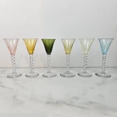 Charming Set of 6 Colored and Ribbed Liqueur Glasses With Twisted Stem, Ca 1930