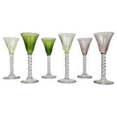 Used Charming Set of 6 Colored and Ribbed Liqueur Glasses With Twisted Stem, Ca 1930