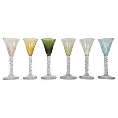 Used Charming Set of 6 Colored and Ribbed Liqueur Glasses With Twisted Stem, Ca 1930