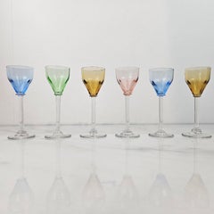 Charming Set of 6 Colored Liqueur Glasses With Slender Stem, Ca. 1920