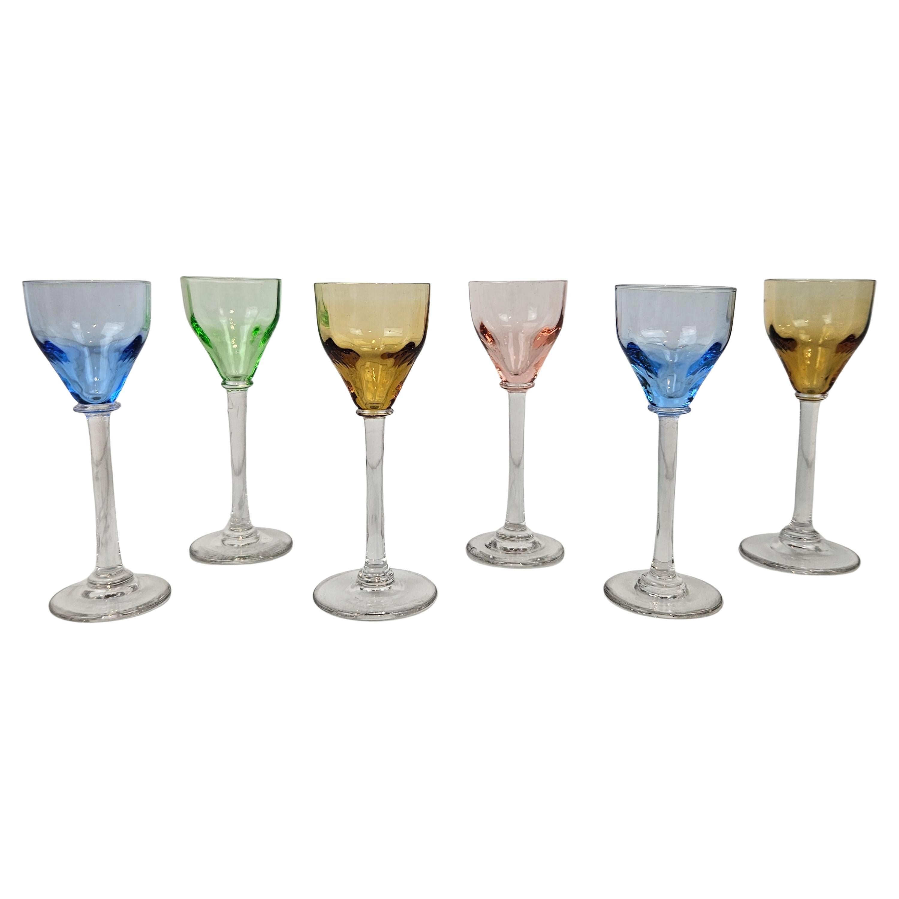 Charming Set of 6 Colored Liqueur Glasses With Slender Stem, Ca. 1920
