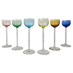 Charming Set of 6 Colored Ribbed Liqueur Glasses With Long Stem, Ca. 1920