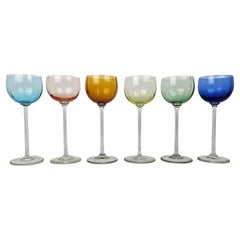 Charming Set of 6 Colored Ribbed Wine Glasses With Long Stem, Ca. 1920