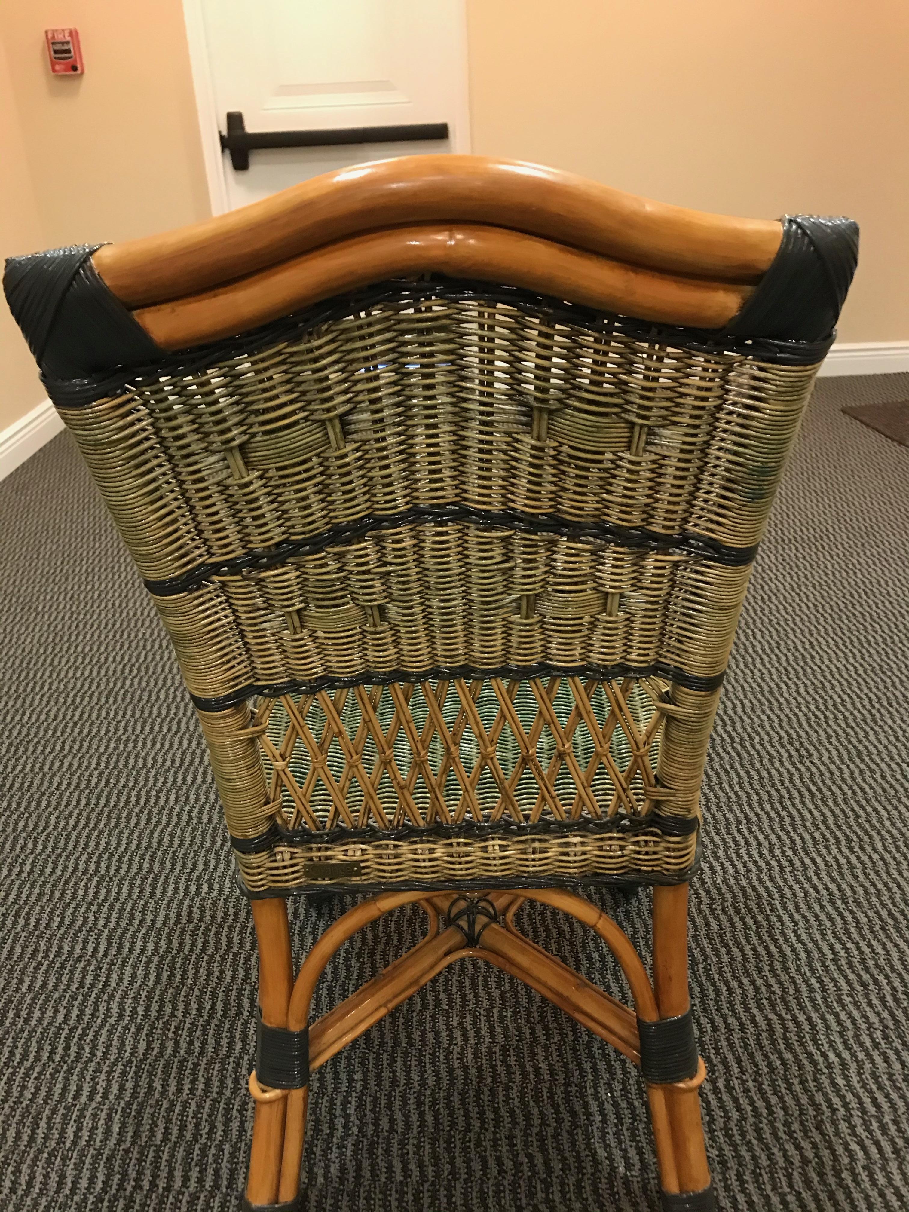 Charming Set of 6 Grange Stained Rattan and Wood Dining or Patio Chairs In Good Condition In Hopewell, NJ