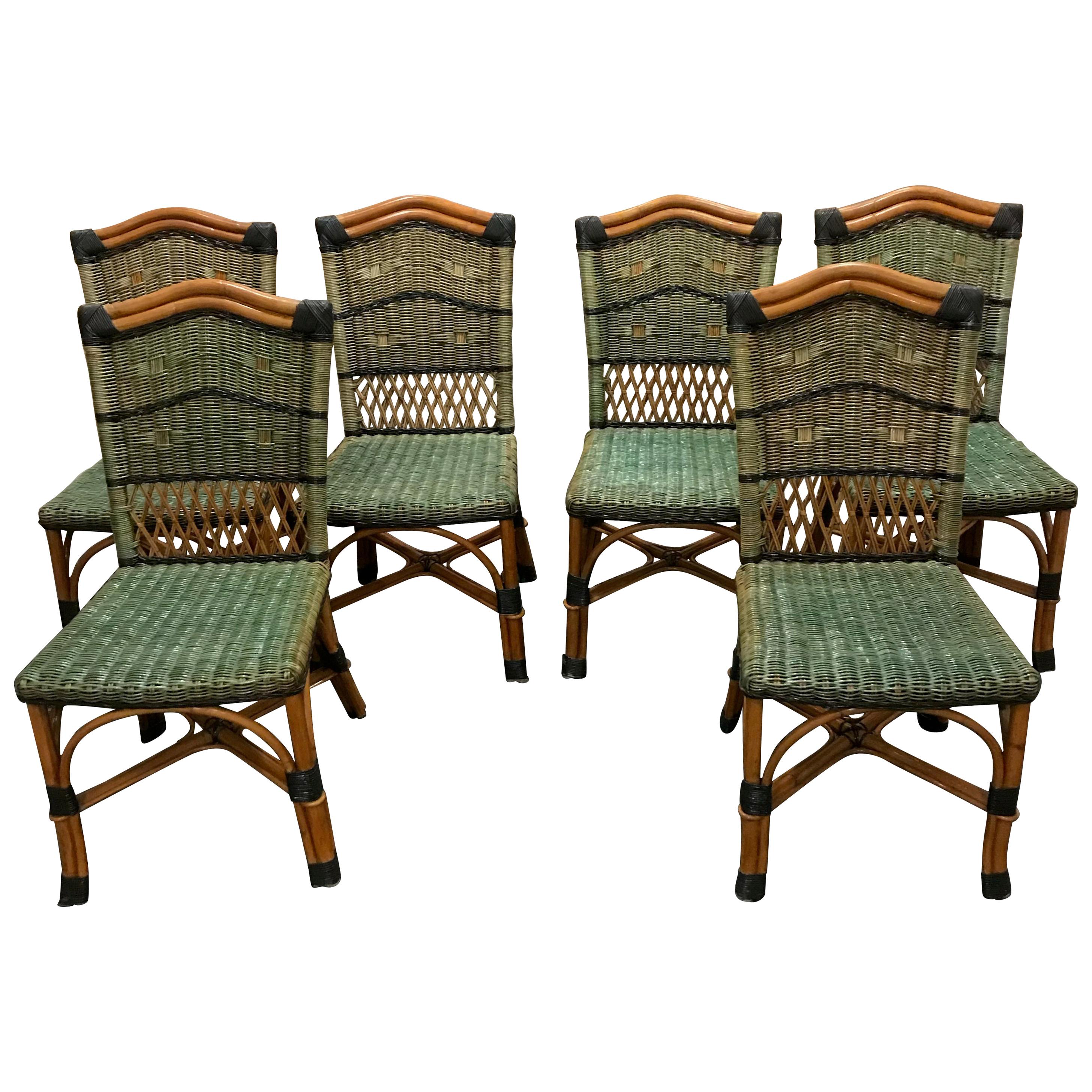 Charming Set of 6 Grange Stained Rattan and Wood Dining or Patio Chairs