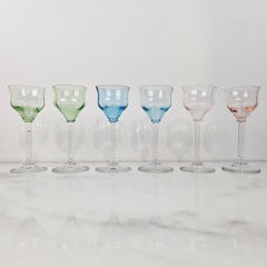 Charming Set of 6 Hand-Blown Colored Ribbed Liqueur Glasses, Ca. 1920