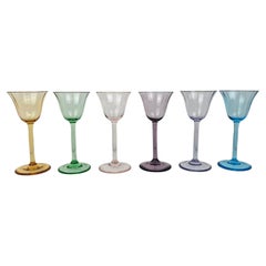 Used Charming Set of 6 Hand-Blown Full Colored Ribbed Liqueur Glasses, Ca. 1920