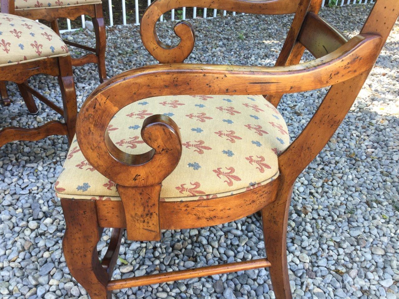 Charming Set of 6 Vintage French Country Dining Chairs Fleur di Lis Upholstery 2