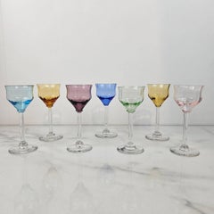 Charming Set of 7 Colored Ribbed Liqueur Glasses With Slender Stem, Ca. 1920