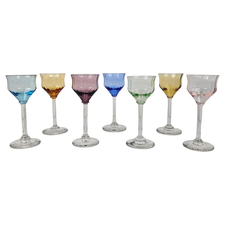Charming Set of 7 Colored Ribbed Liqueur Glasses With Slender Stem, Ca.  1920 For Sale at 1stDibs