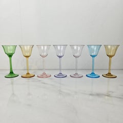 Charming Set of 7 Hand-Blown Full Colored Ribbed Liqueur Glasses, Ca. 1920