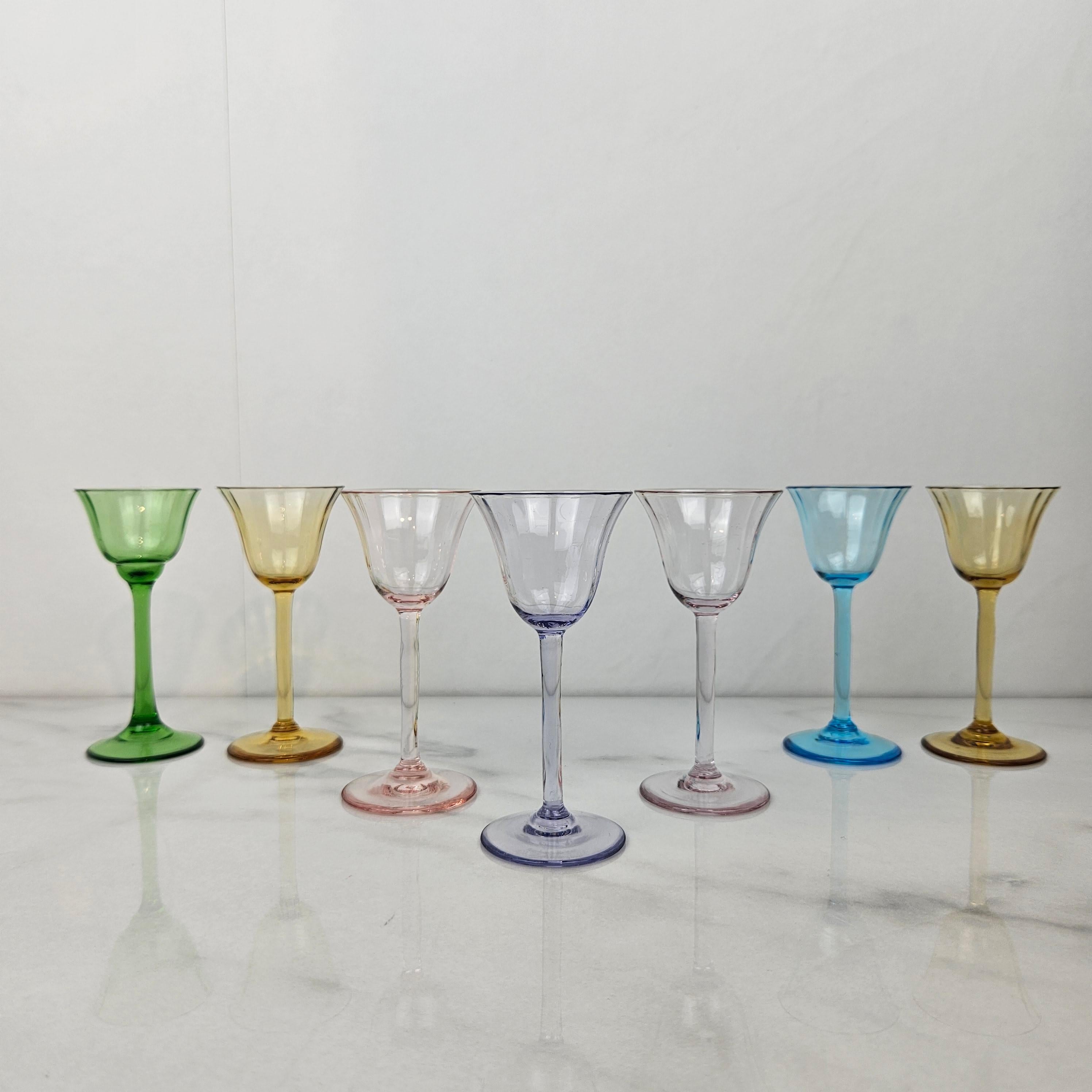 Art Deco Charming Set of 7 Hand-Blown Full Colored Ribbed Liqueur Glasses, Ca. 1920 For Sale