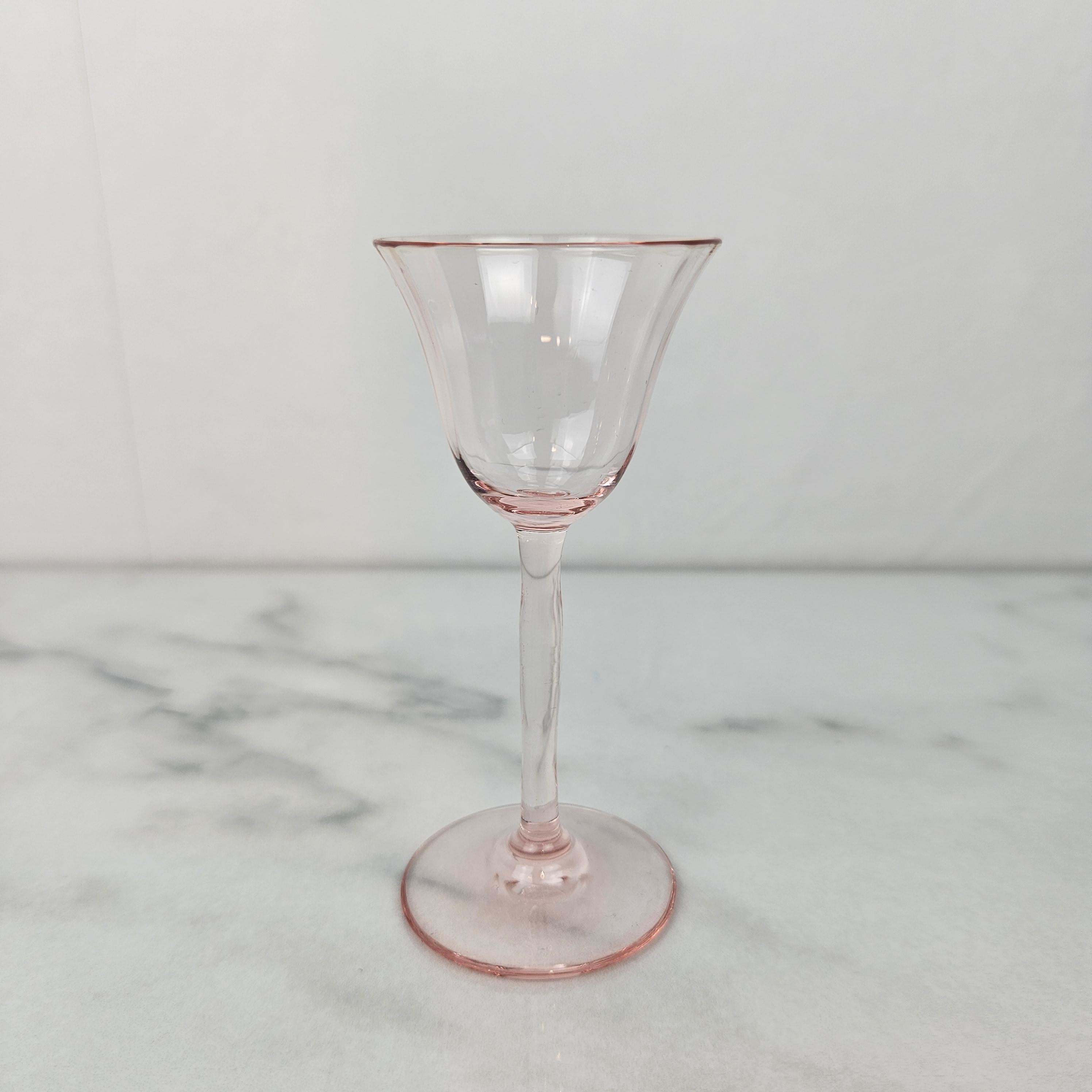 Hand-Crafted Charming Set of 7 Hand-Blown Full Colored Ribbed Liqueur Glasses, Ca. 1920 For Sale