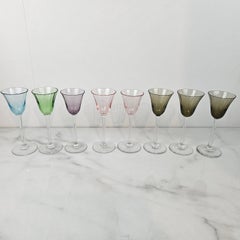 Charming Set of 8 Colored Ribbed Liqueur Glasses With Long Stem, Ca. 1920