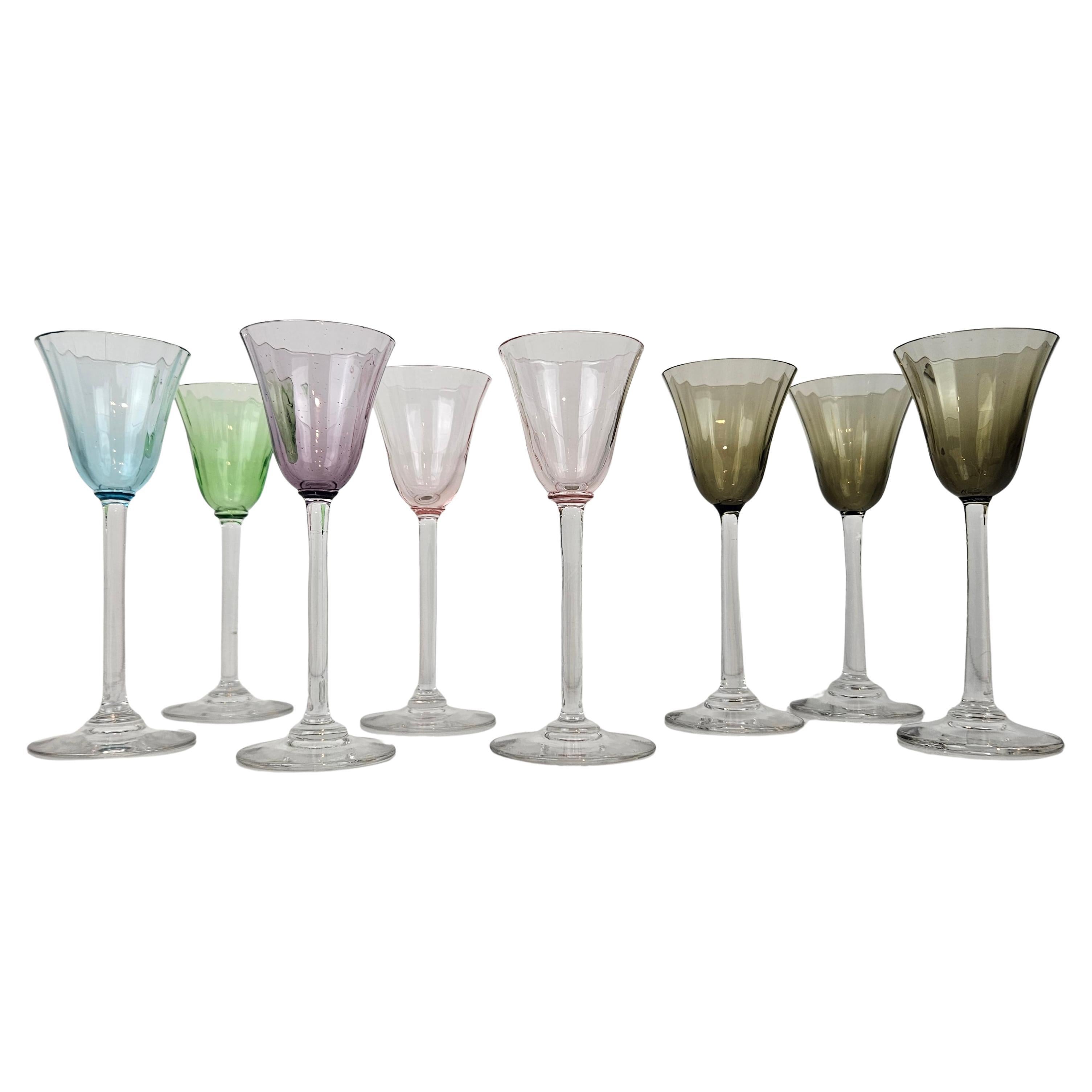 Charming Set of 8 Colored Ribbed Liqueur Glasses With Long Stem, Ca. 1920