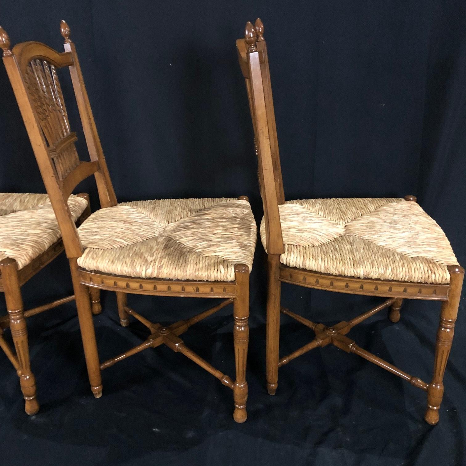 Charming Set of 8 French Walnut Wheat Sheaf Dining Chairs with Rush Seats 4