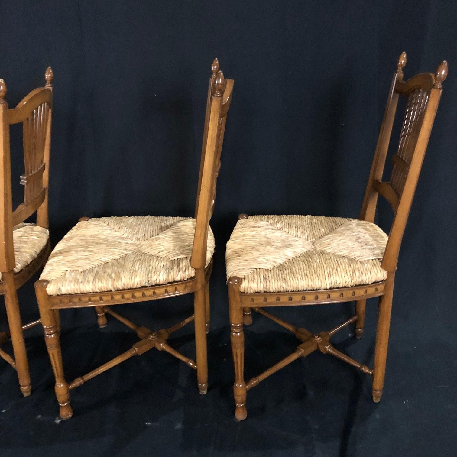 Charming Set of 8 French Walnut Wheat Sheaf Dining Chairs with Rush Seats 6