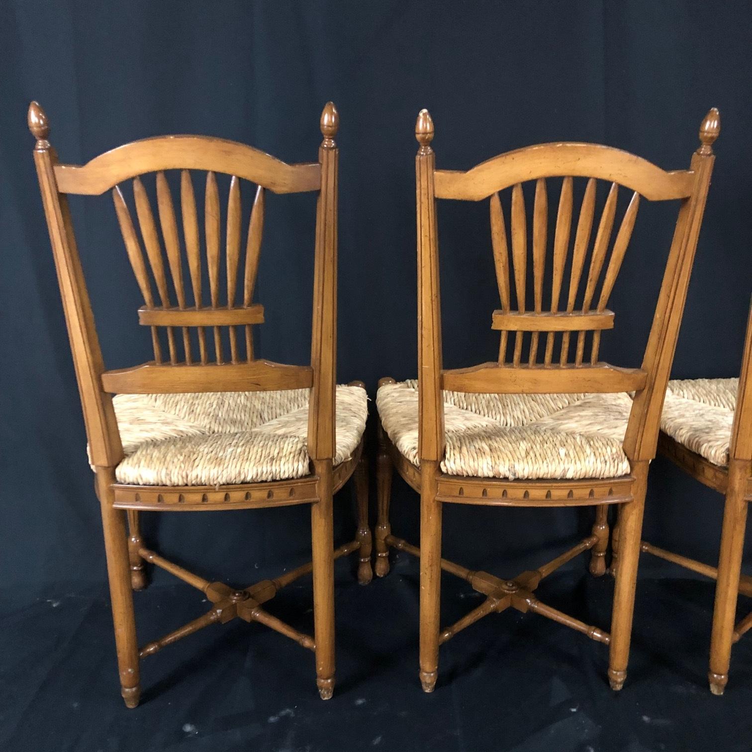 Charming Set of 8 French Walnut Wheat Sheaf Dining Chairs with Rush Seats 7