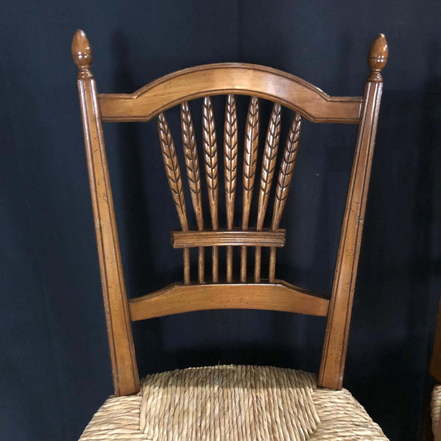 Late 20th Century Charming Set of 8 French Walnut Wheat Sheaf Dining Chairs with Rush Seats