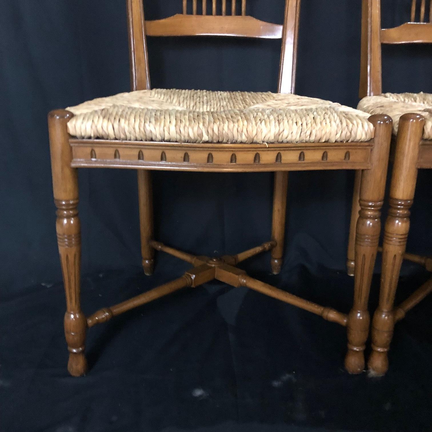 Charming Set of 8 French Walnut Wheat Sheaf Dining Chairs with Rush Seats 1