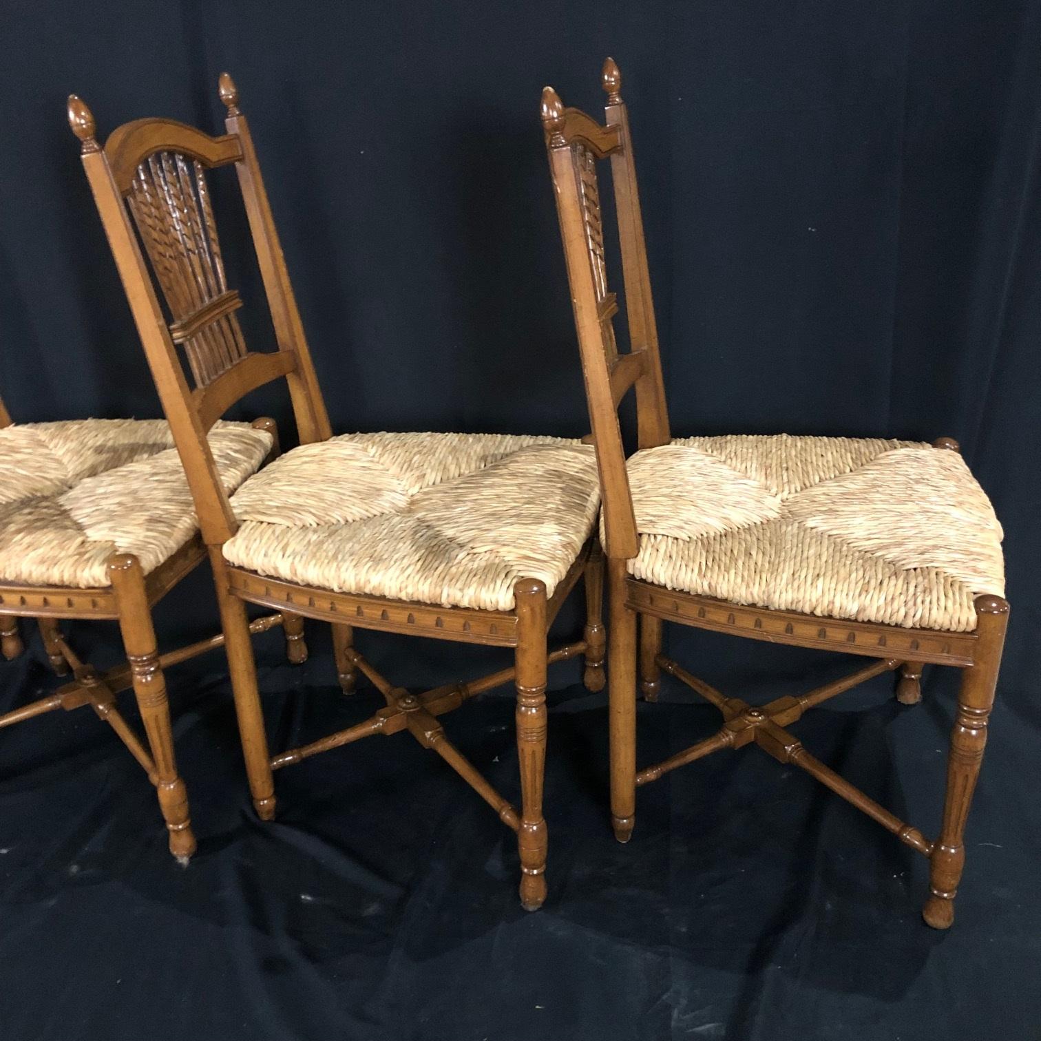 Charming Set of 8 French Walnut Wheat Sheaf Dining Chairs with Rush Seats 2