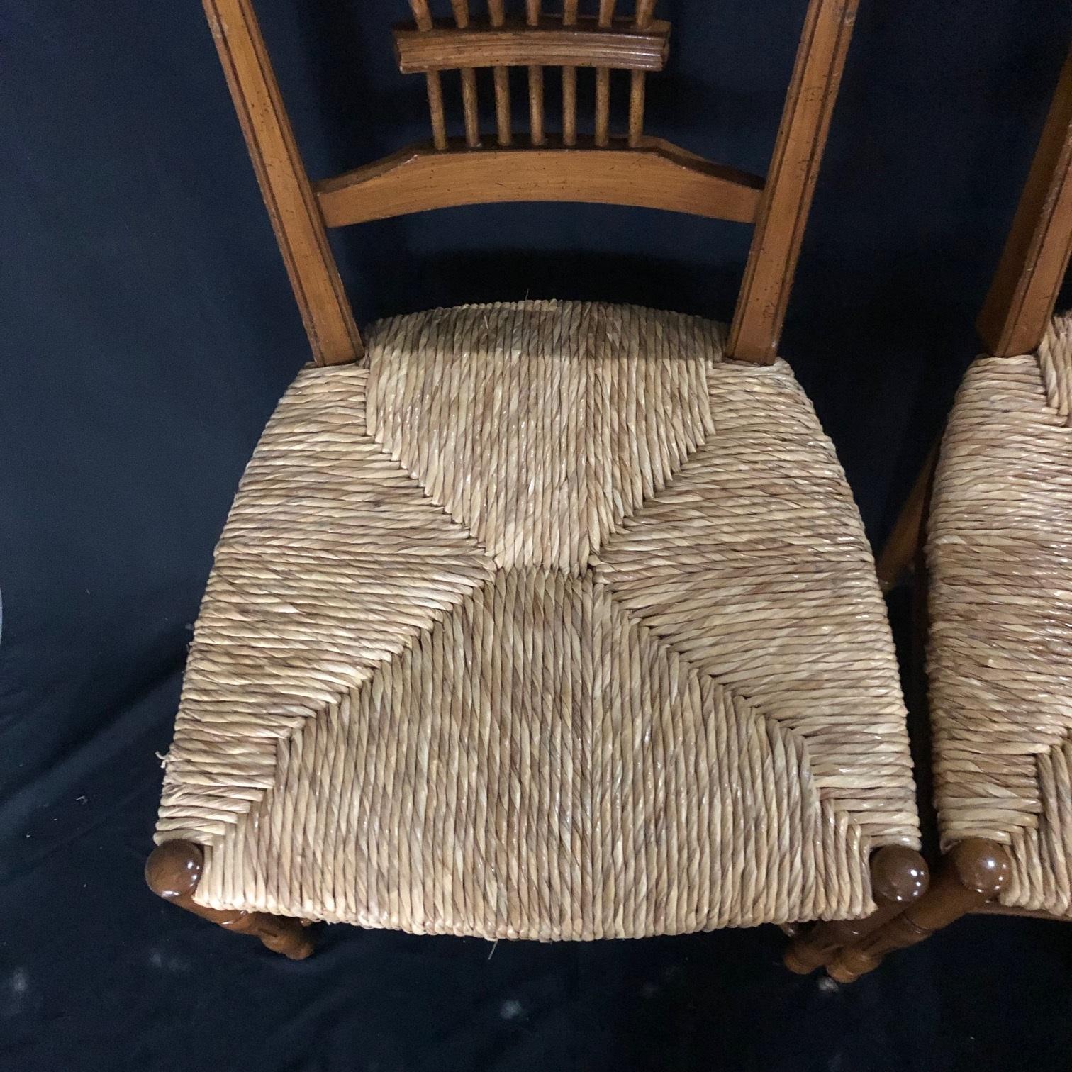 Charming Set of 8 French Walnut Wheat Sheaf Dining Chairs with Rush Seats 3