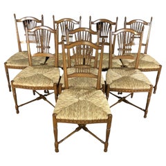 Charming Set of 8 French Walnut Wheat Sheaf Dining Chairs with Rush Seats