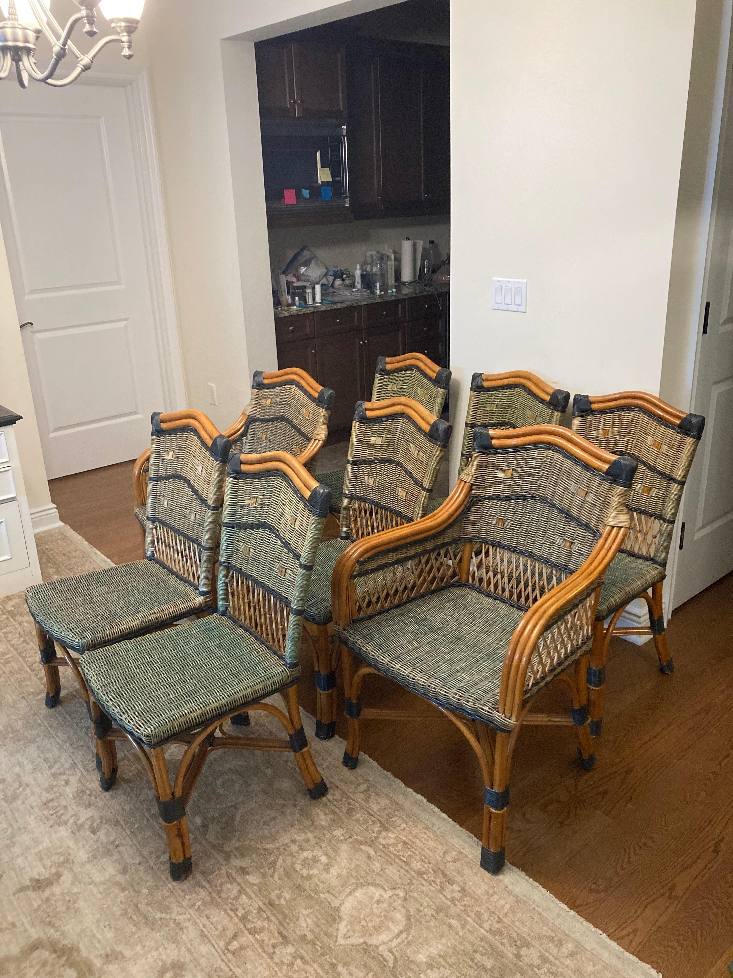 Charming Set of 8 Grange Stained Rattan and Wood Dining Chairs In Good Condition In Hopewell, NJ