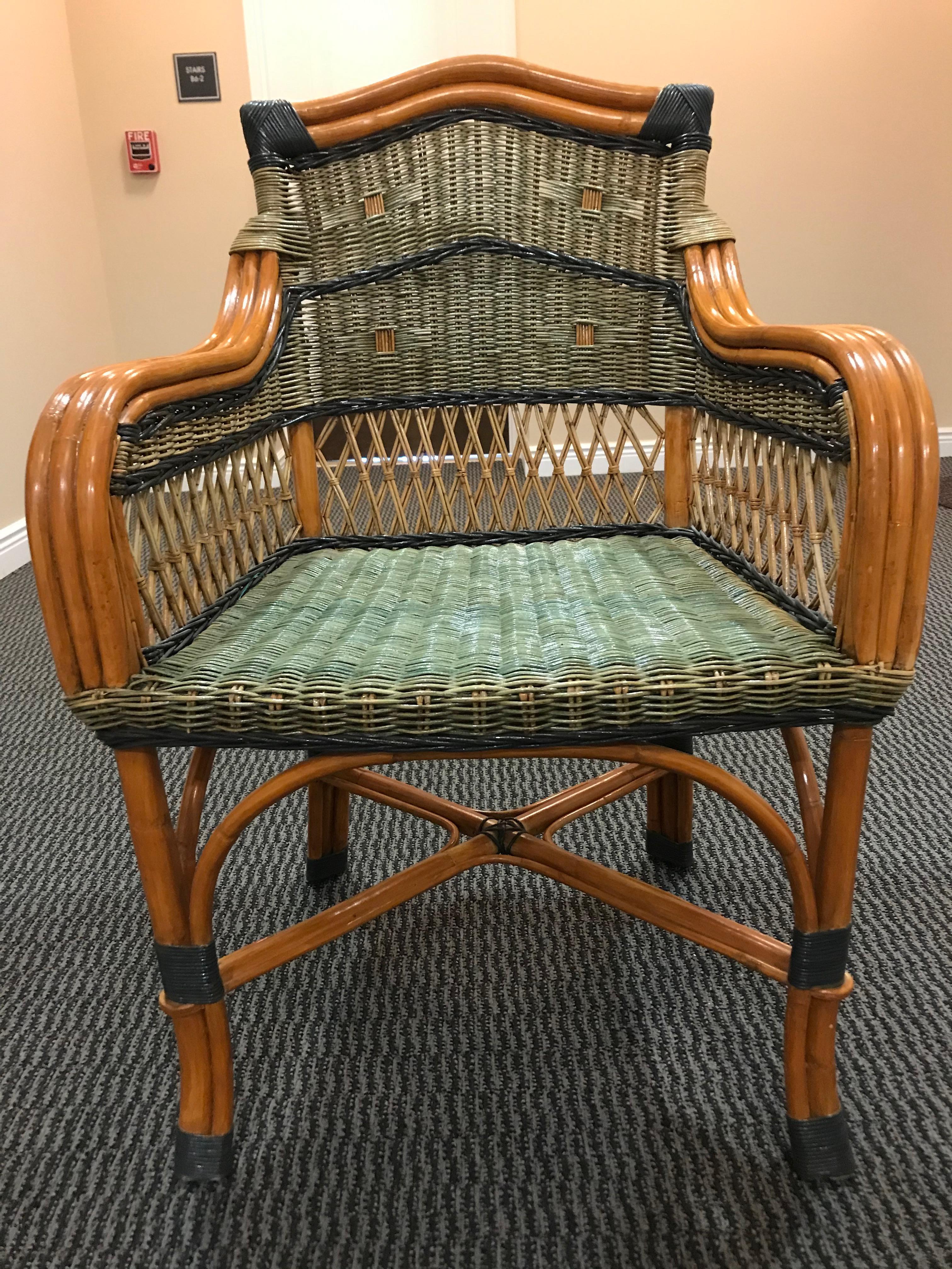 Late 20th Century Charming Set of 8 Grange Stained Rattan and Wood Dining Chairs