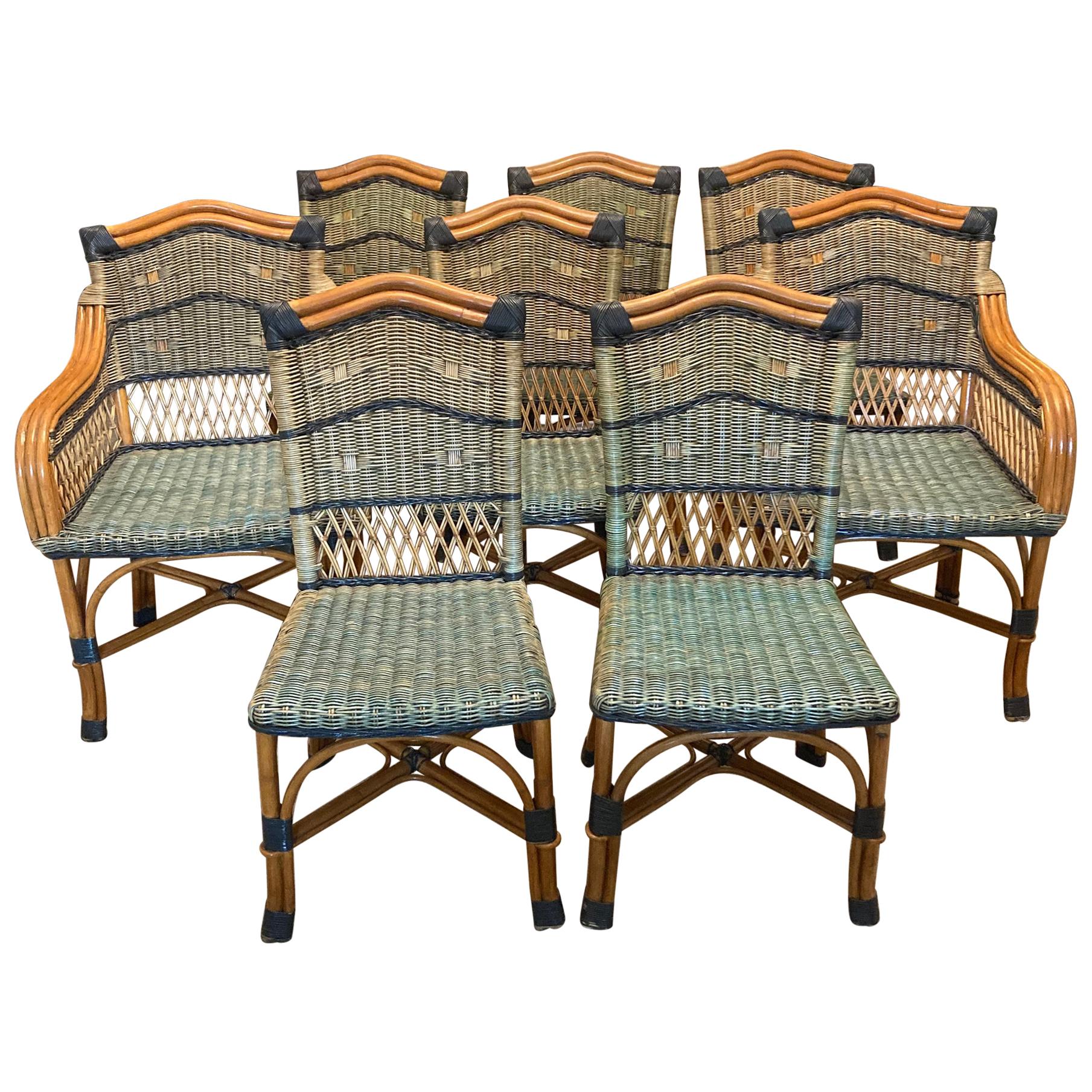 Charming Set of 8 Grange Stained Rattan and Wood Dining Chairs