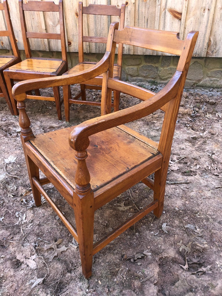 Charming Set of Farmhouse Rustic Honey Colored Pine Dining Chairs at