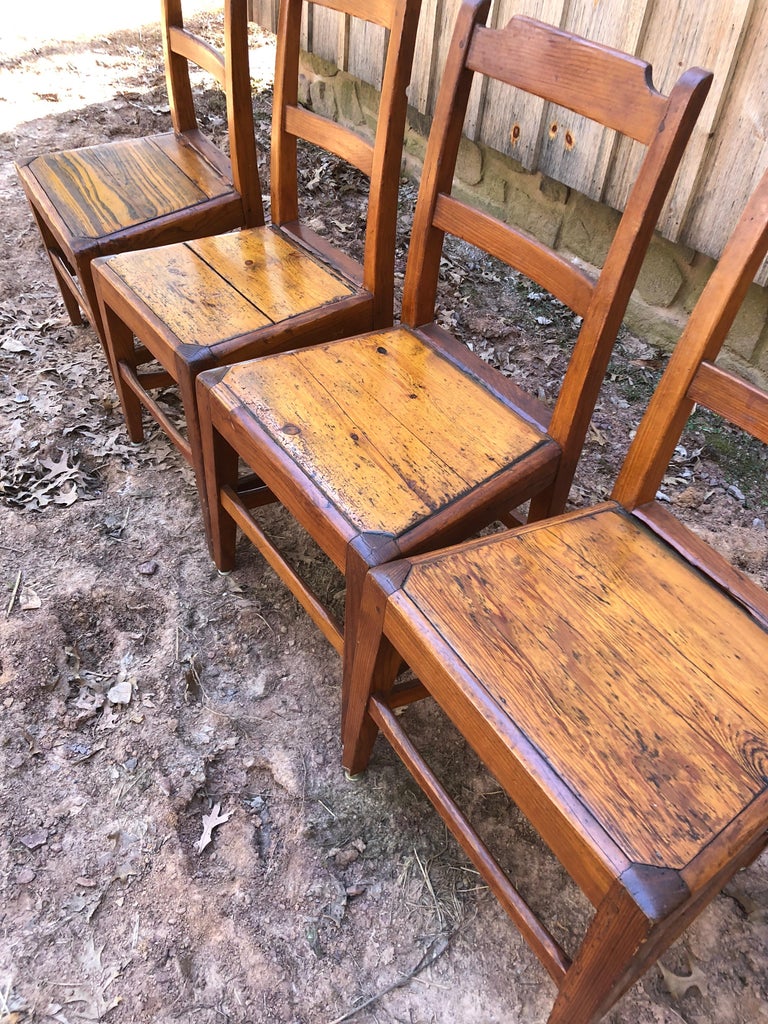Charming Set of Farmhouse Rustic Honey Colored Pine Dining Chairs at