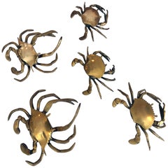 Charming Set of Five Vintage American Brass Crabs with Articulated Arms