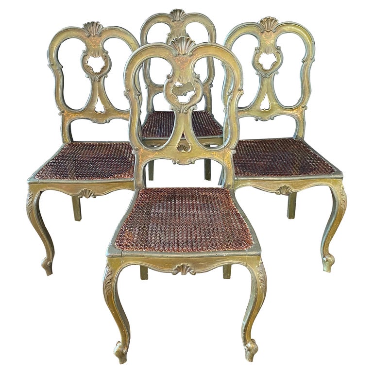 Charming Set of Four French Antique Louis XV Caned Dining Chairs