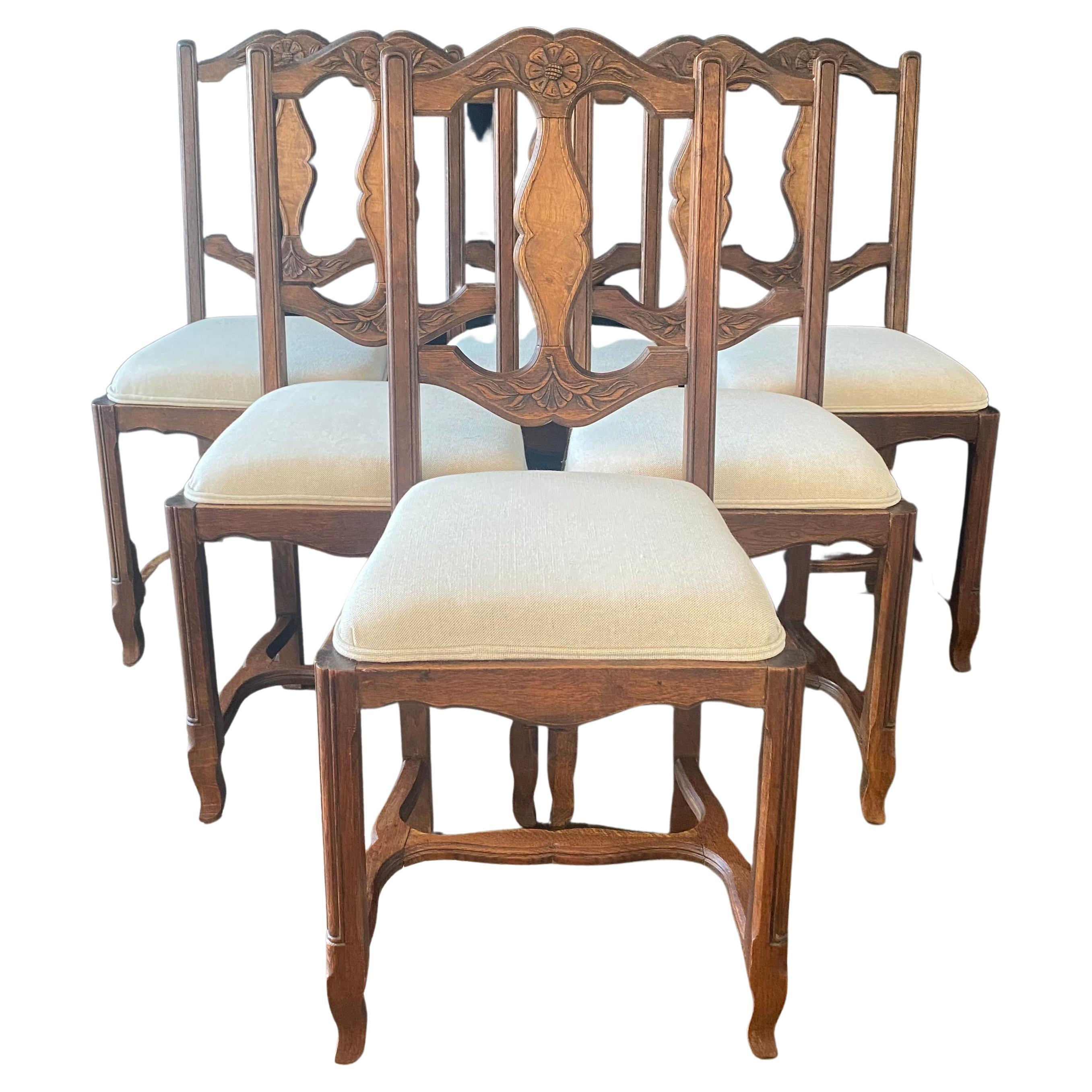 Charming Set of Six Country French Provincial Hand Carved Antique Oak Chairs