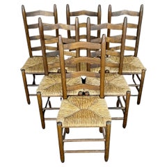 Antique Charming Set of Six French Ladderback Rush Seat Dining Side Chairs