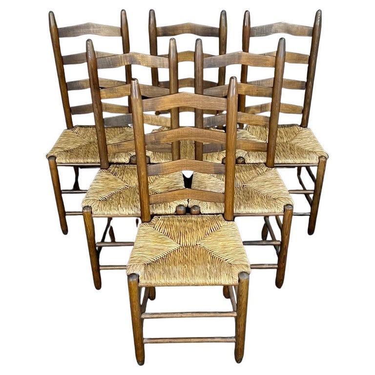 Charming Set of Six French Ladderback Rush Seat Dining Side Chairs at