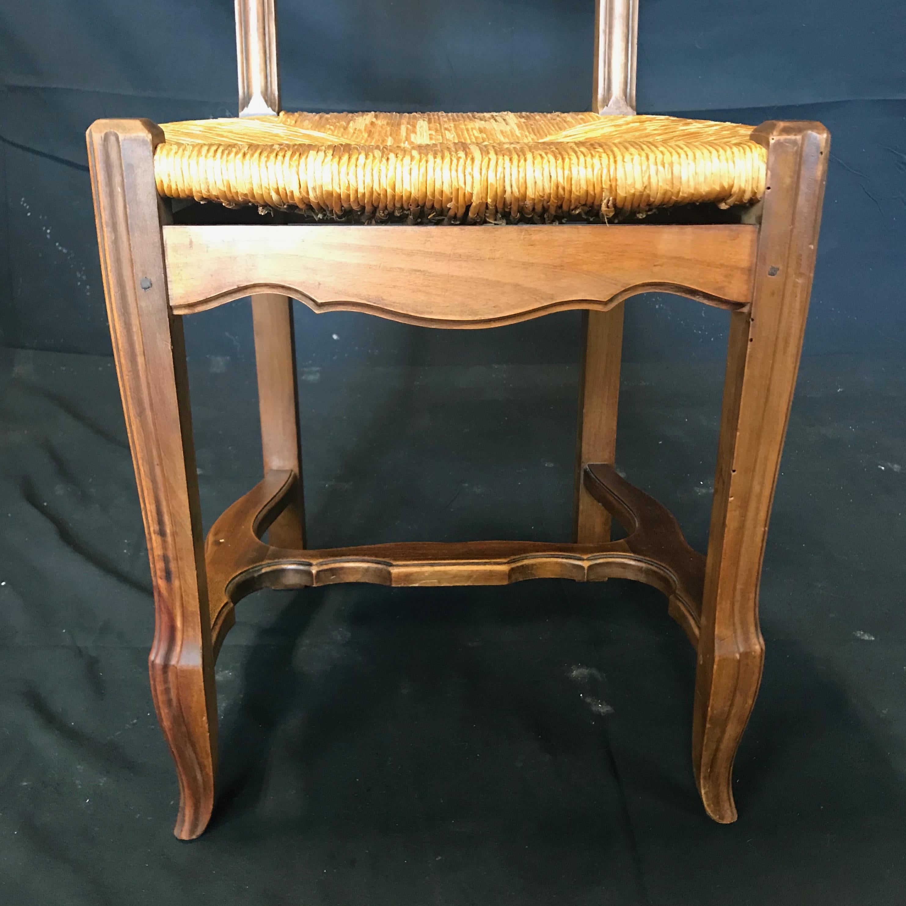 Early 20th Century Charming Set of Six French Provincial Walnut Dining Chairs with Rush Seats