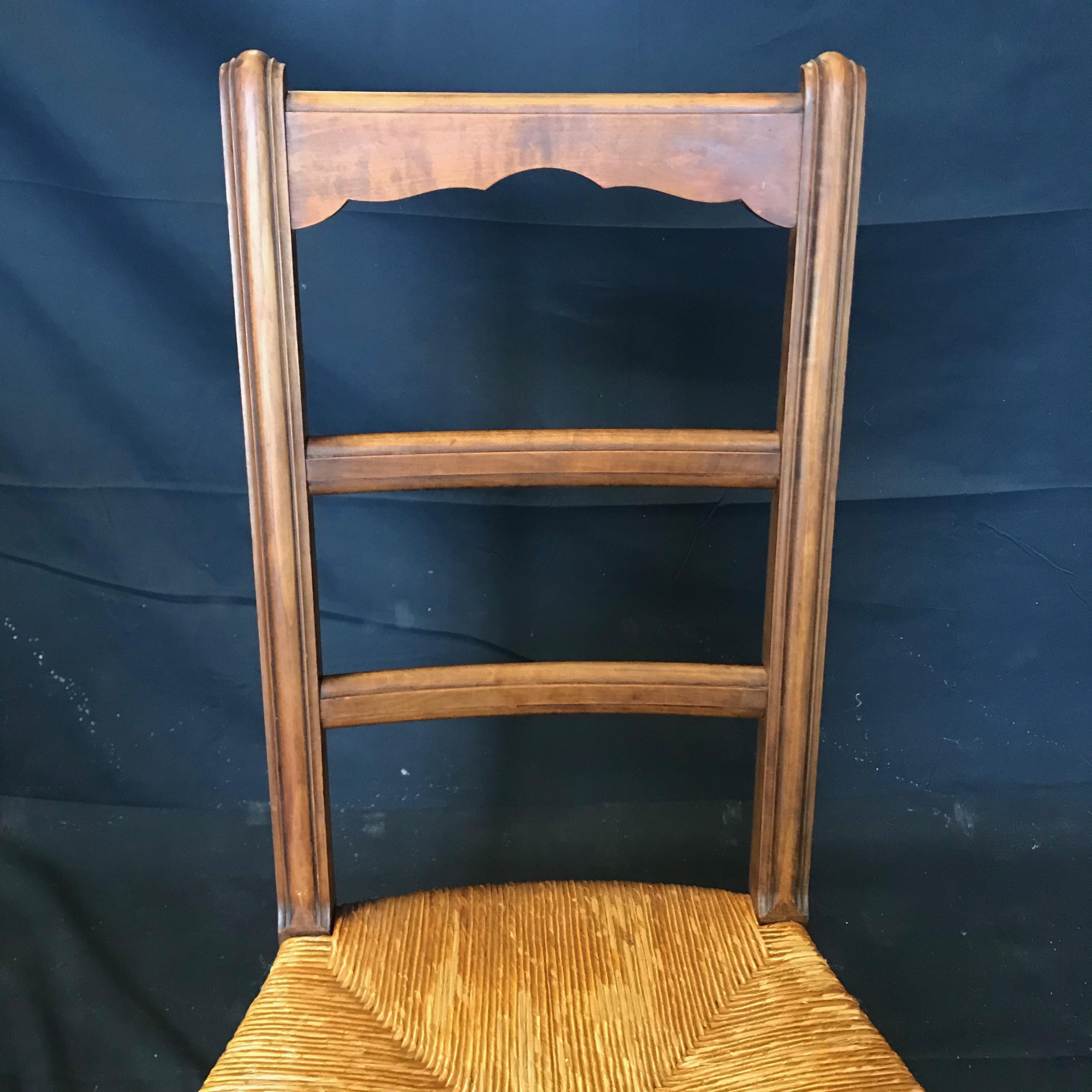 Charming Set of Six French Provincial Walnut Dining Chairs with Rush Seats 1
