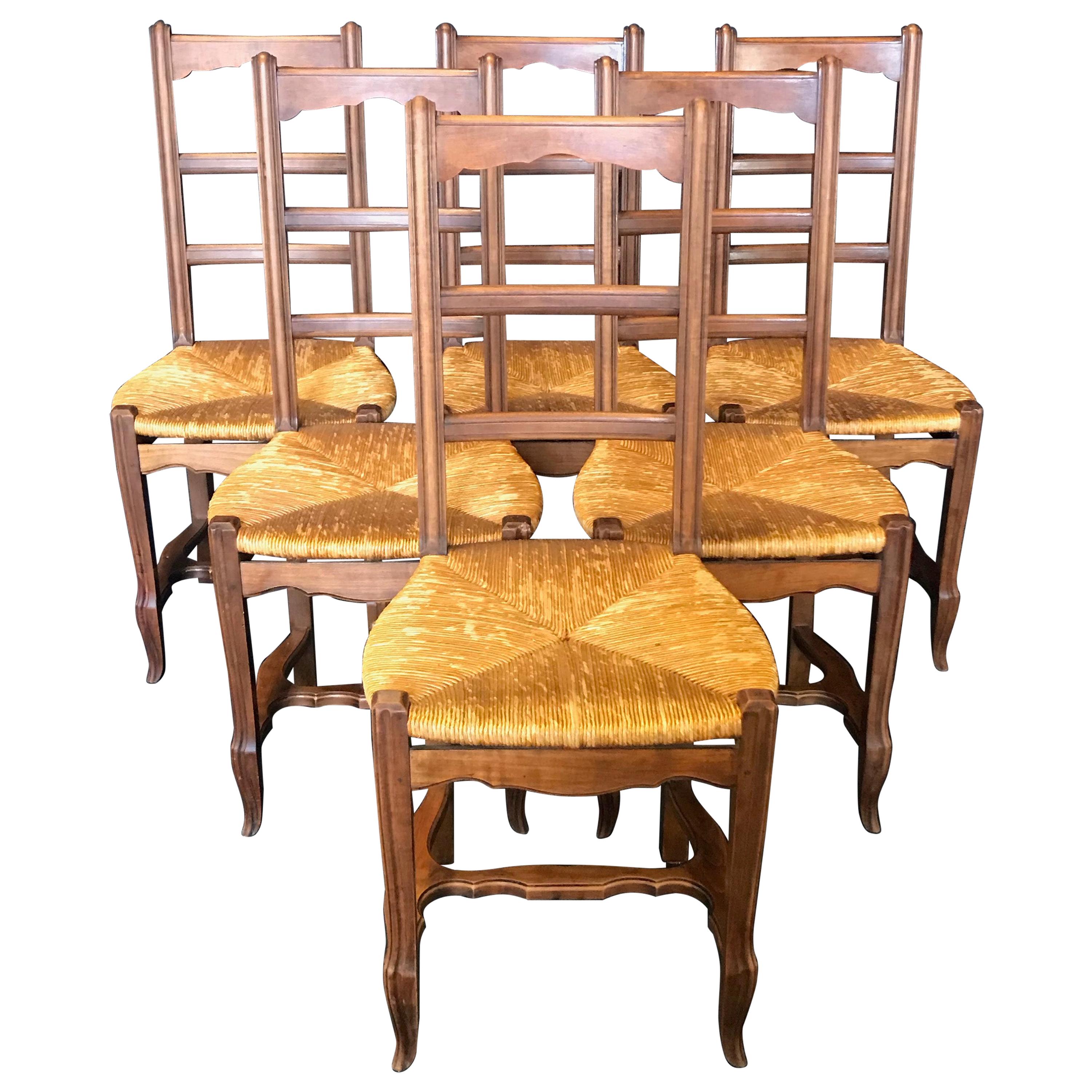Charming Set of Six French Provincial Walnut Dining Chairs with Rush Seats