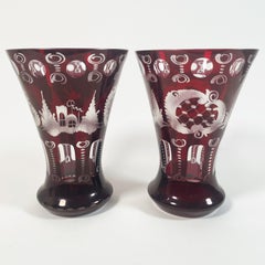 Charming Set of Three Hand-Cut Red Bohemian Crystal Vases from the 1950s