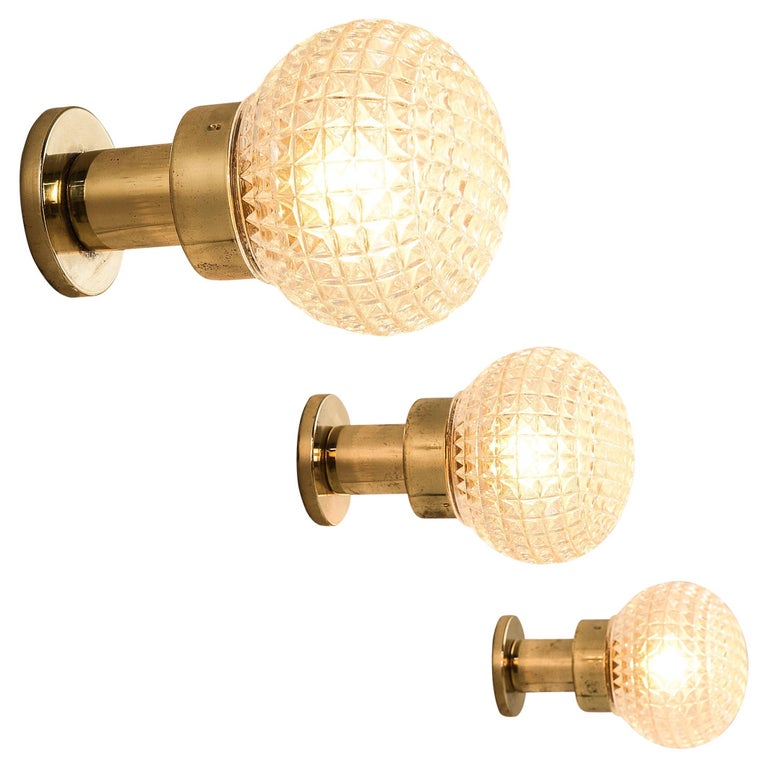 Charming Set of Three Wall Lights in Structured Glass and Brass For