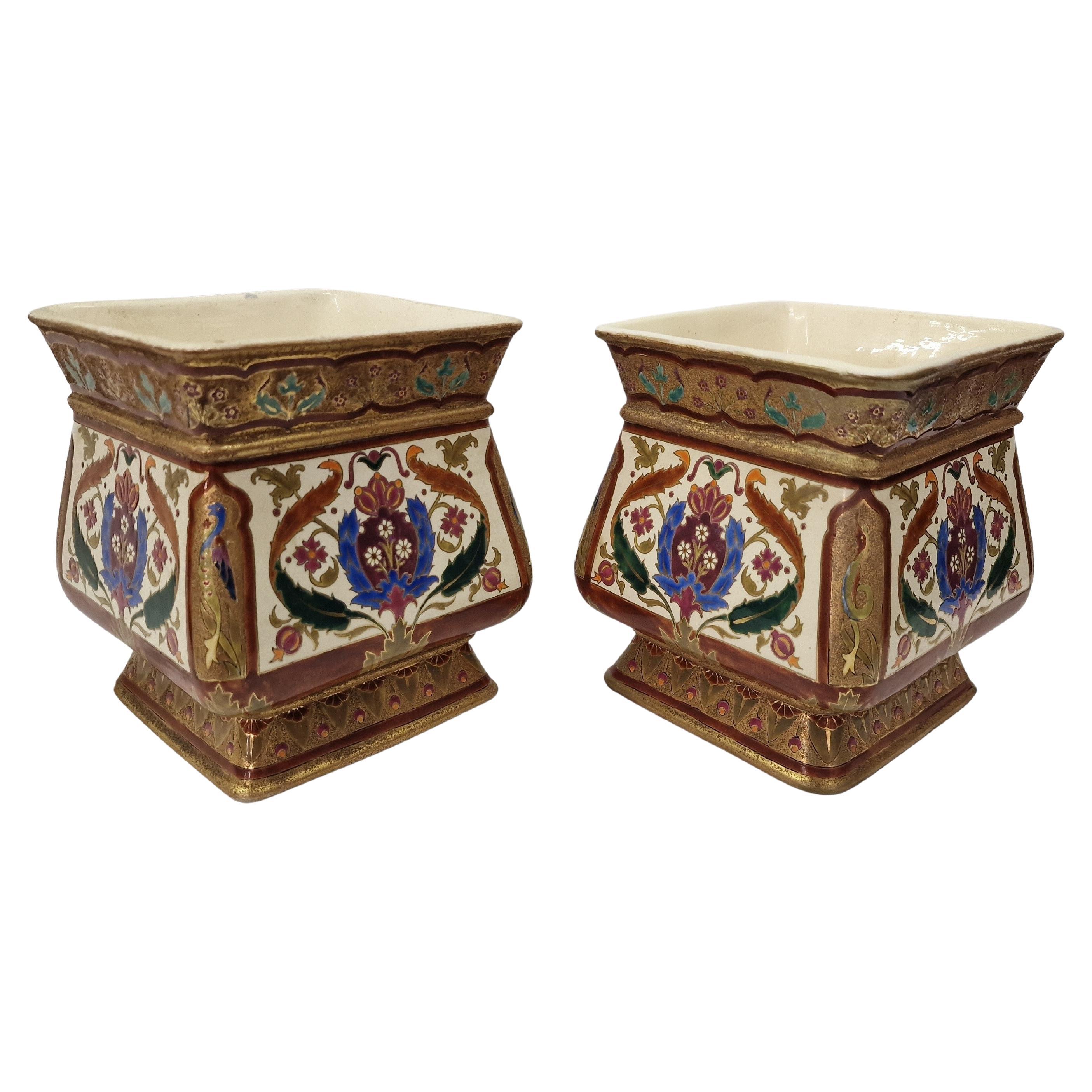 Charming set of two planters, flower pots, enamel, Schramberg, Germany, 1890 For Sale