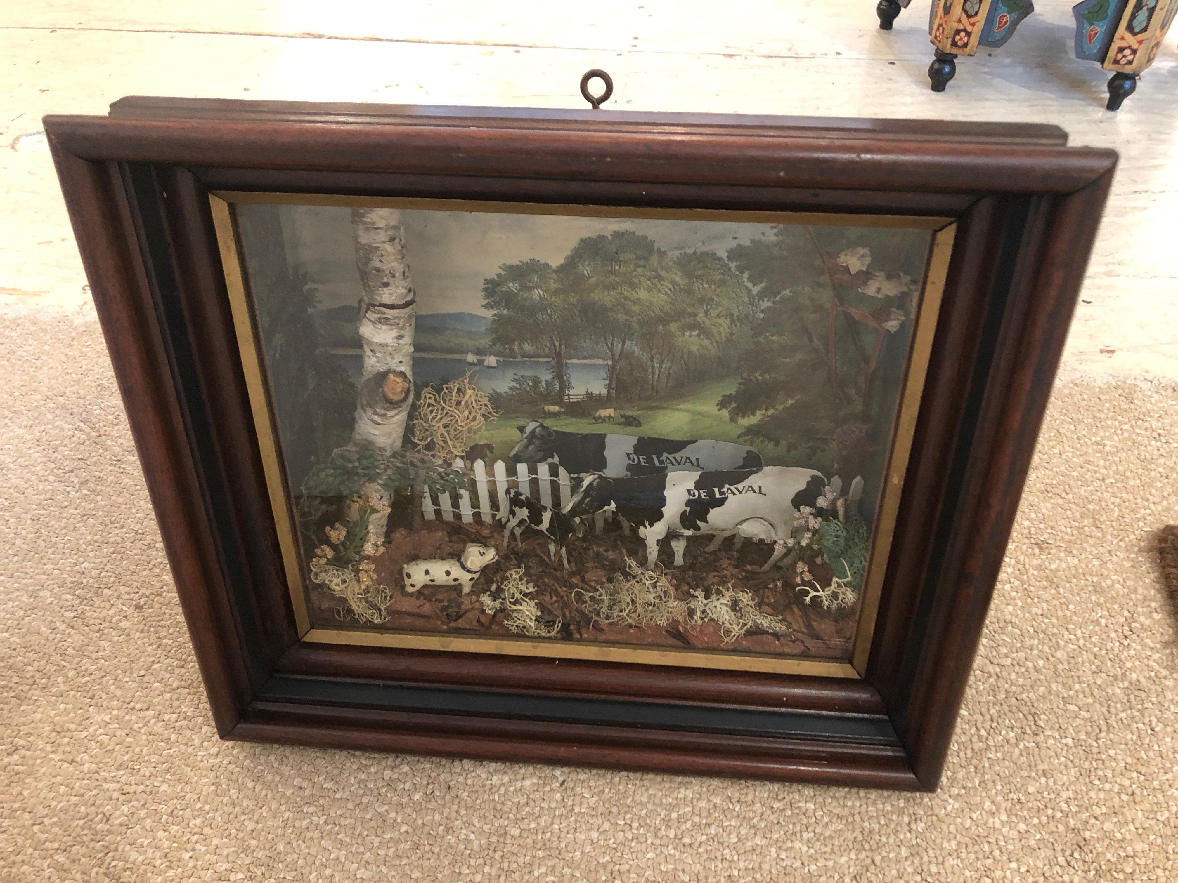 Mid-20th Century Charming Shadow Box Diorama of Pastural Scene with Cows