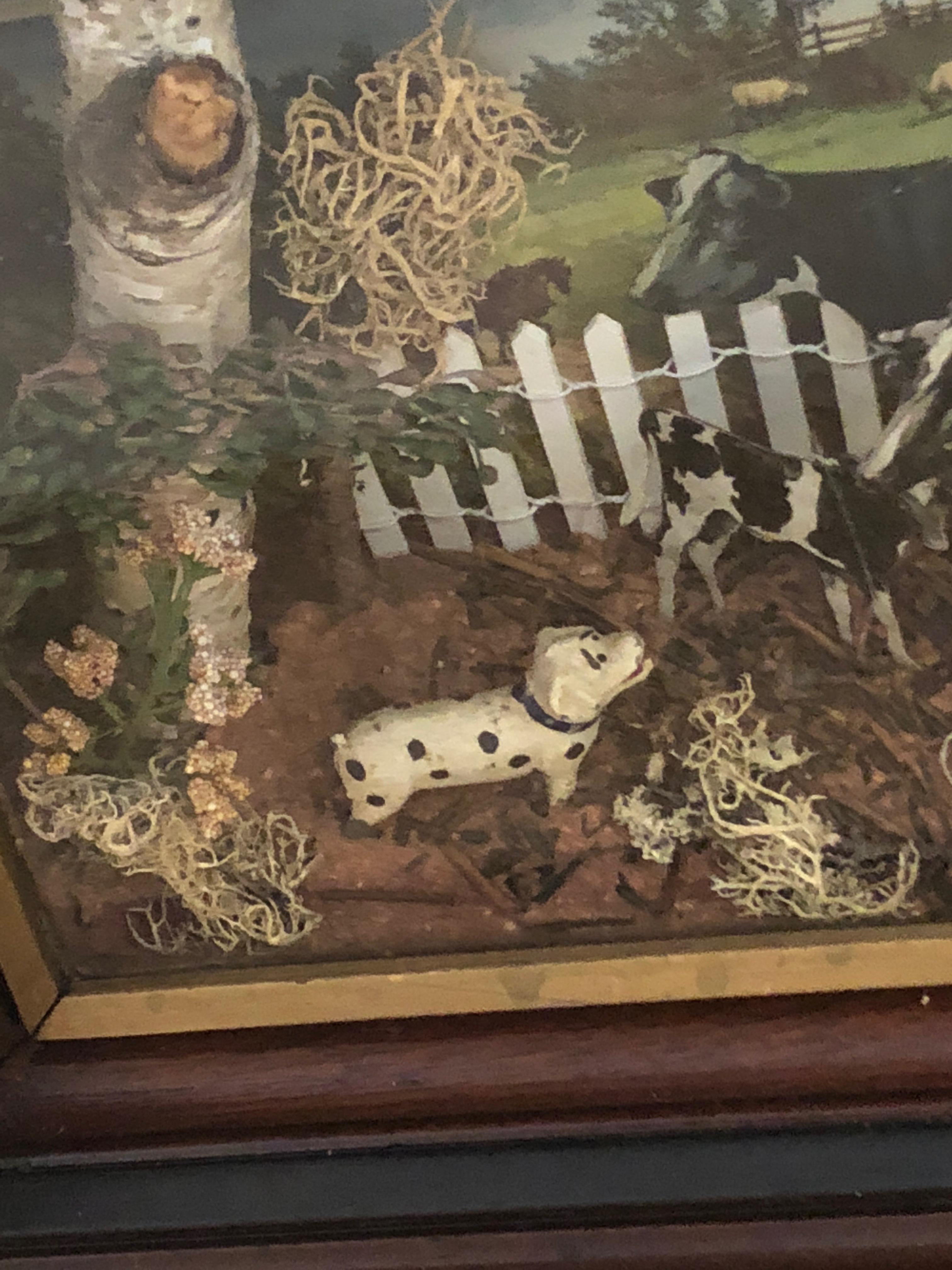 Glass Charming Shadow Box Diorama of Pastural Scene with Cows