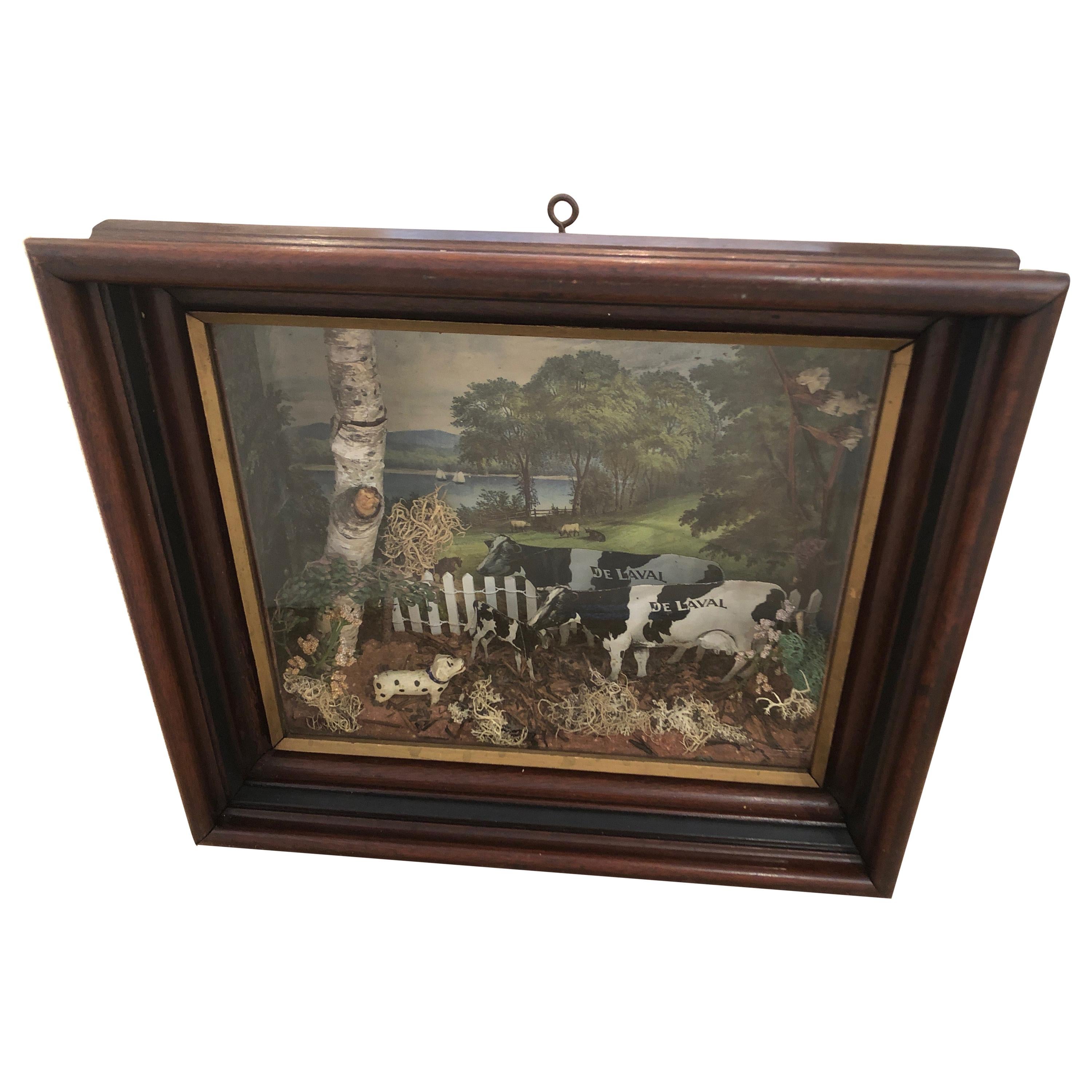 Charming Shadow Box Diorama of Pastural Scene with Cows