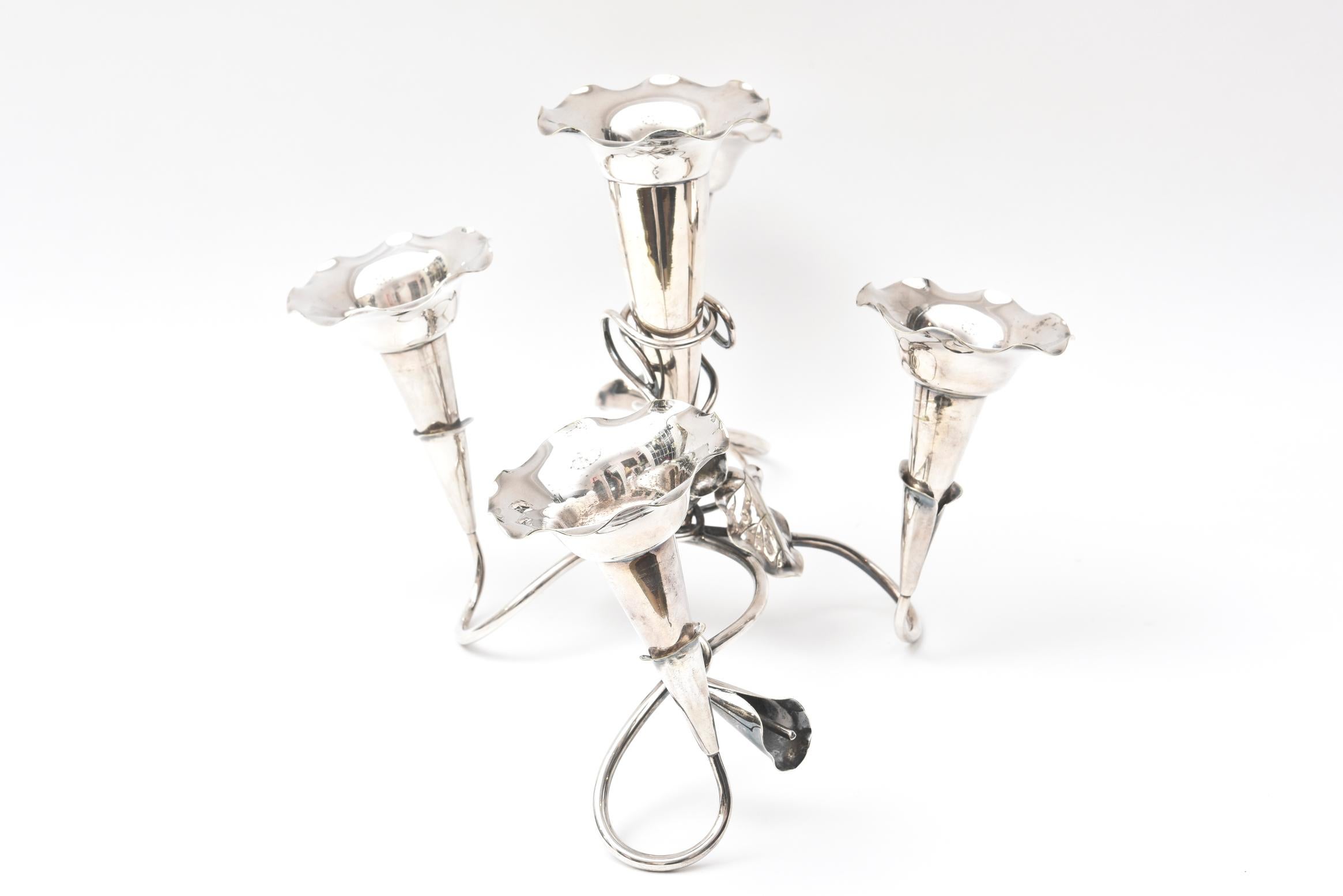 English Charming Silver Plate Epergne Centrepiece, Antique Multi Bud Vases